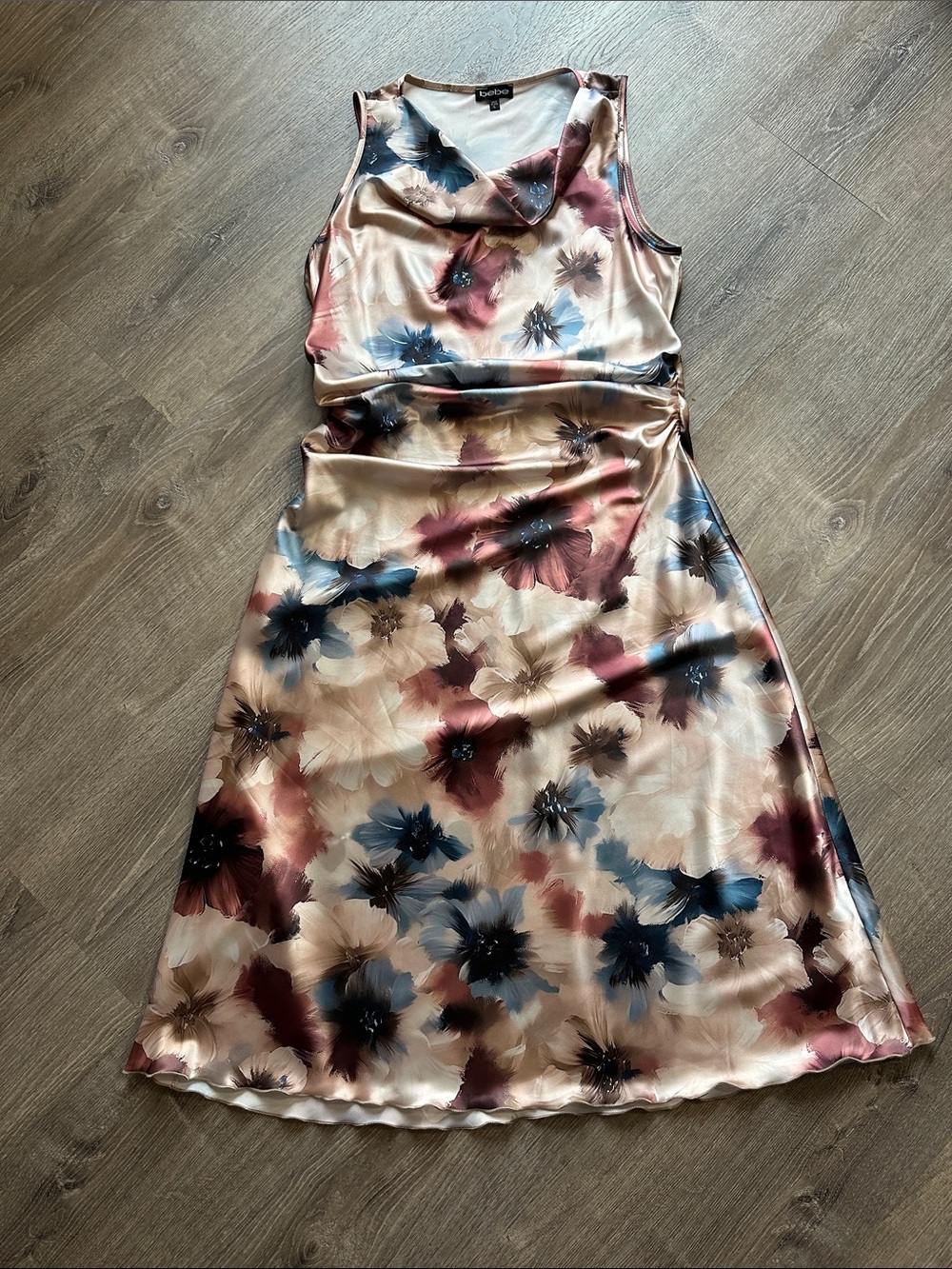 bebe Floral Satin Midi Dress in Blush, Blue & Mauve